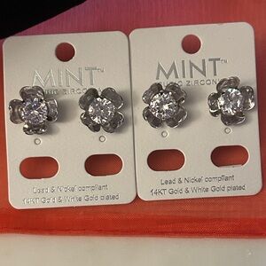 Mint Silver and White Floral CZ Earrings set of‎ 2